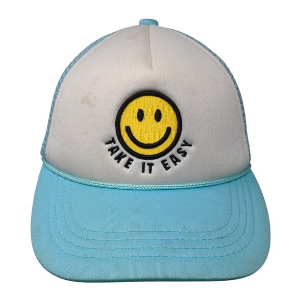 Smiley Face Take It Easy Snapback Rope Trucker Hat Blue One Size C.C - Picture 1 of 9